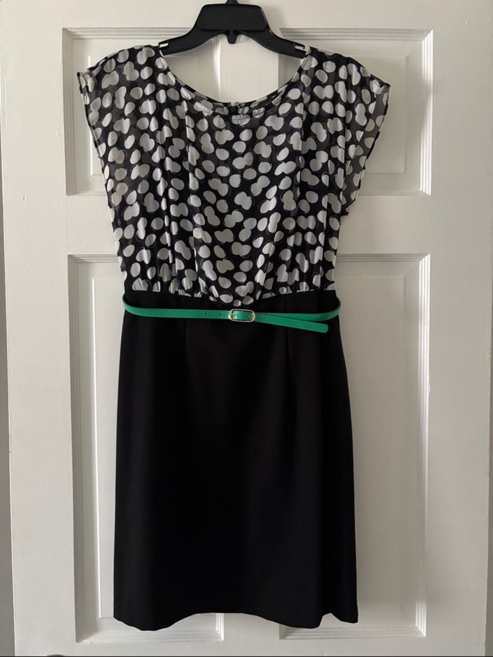 Alyx Black and White Polka Dot Midi Dress with Green Belt